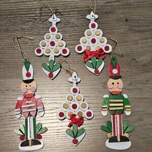 Vintage Wooden Christmas Ornaments 80s Nutcrackers Christmas Trees Hand Painted
